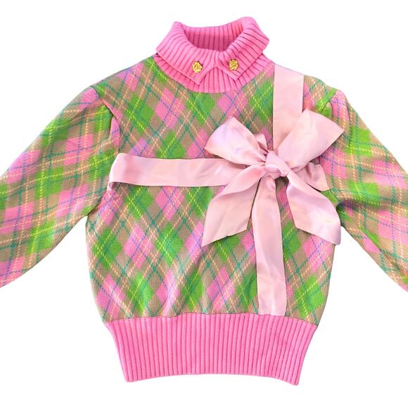 Motoguo Designer 100% Merino Wool Bow Argyle Turtleneck Sweater Pink Green Small - Picture 7 of 14